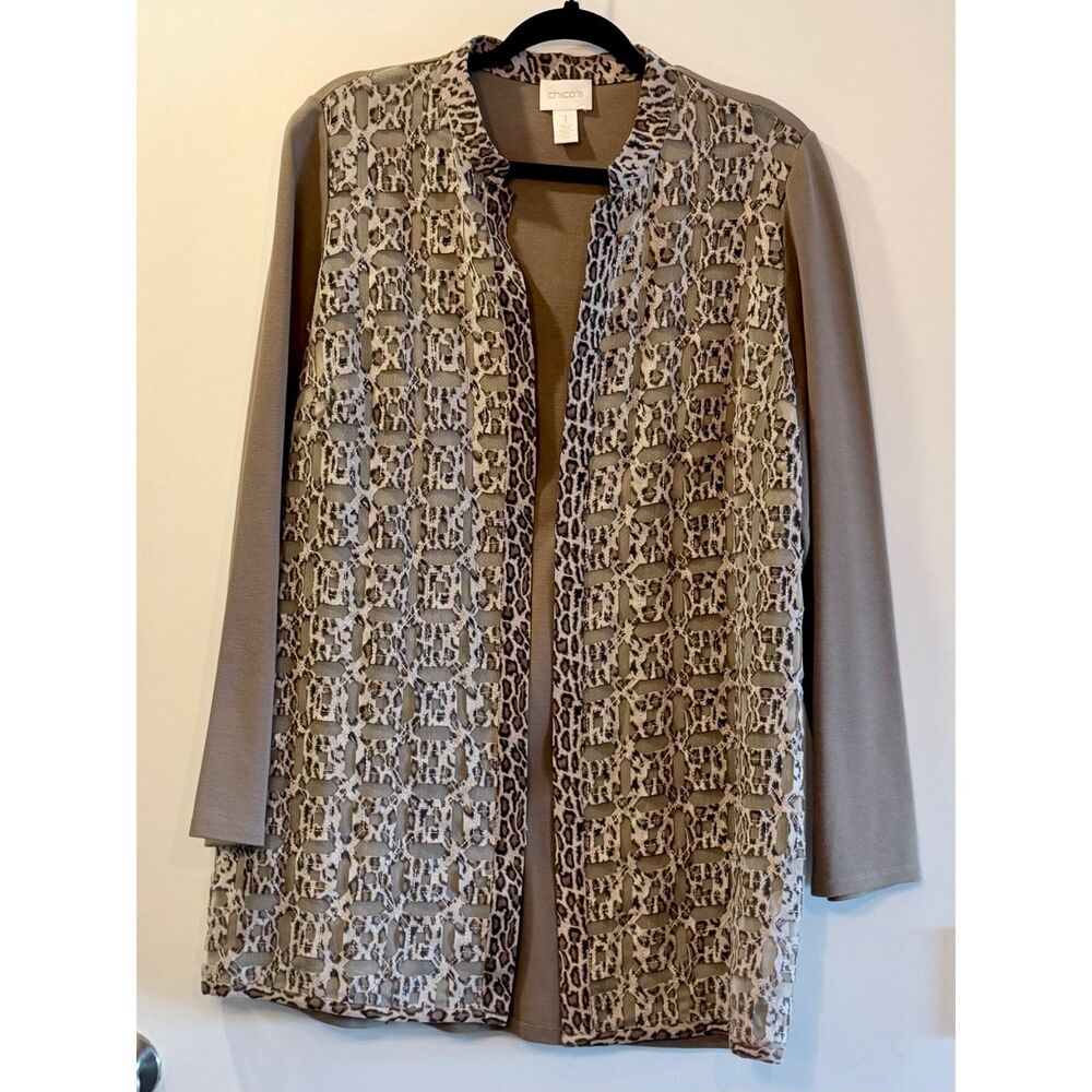 EUC Chico's Leopard Print Mesh Open Front Cardigan Jacket Taupe Brown Size 1 M